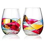 Artisanal Hand Painted Gift Stemless Wine Glasses - Valentines Day Gifts for Her, Wife, Mom, Friends, Girlfriend - Renaissance Stained Glass, 2 Set - Birthday, Housewarming Idea - Extra Large Goblets