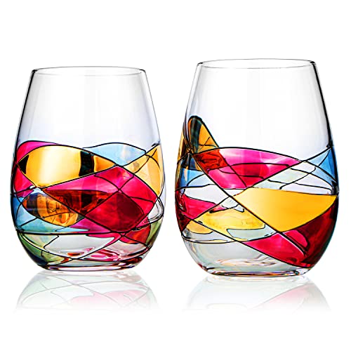 Artisanal Hand Painted Gift Stemless Wine Glasses - Valentines Day Gifts for Her, Wife, Mom, Friends, Girlfriend - Renaissance Stained Glass, 2 Set - Birthday, Housewarming Idea - Extra Large Goblets