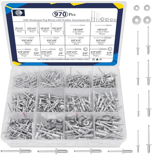 ZQZ 970Pcs Aluminum Pop Rivets with Washer Assortment Kit, 14 Sizes Silver Rivits with 3/32" 1/8" 5/32" 3/16" Blind Rivets, Assorted Pop Rivets Set