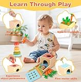 Wooden ​Montessori Learning Toys Kit,Babies Toys Set for 1 Year Old, Sensory and Thinking Play kit for Toddlers (Boys and Girls). 4 in 1 Drop Box; Rocking Stacker; Bead Maze.