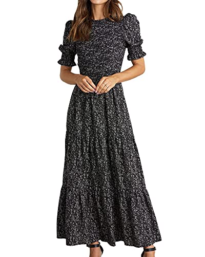 BTFBM Women Casual Summer Dresses 2025 Spring Crew Neck Ruffle Short Sleeve Floral Print Smocked Boho Flowy Maxi Dress(Floral Black White, Medium)