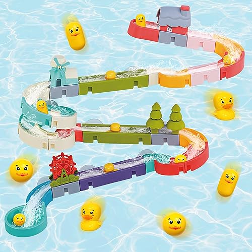 Aprilwolf Duck Slide Bath Toys for Kids Ages 4-8, Wall Track Building Set for 5-7 Years Old, Fun DIY Kit Birthday Gift for Toddler Boys & Girls (52 PCS)