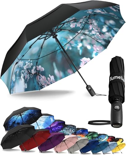 TUMELLA Strongest Windproof Travel Umbrella (Compact, Superior & Beautiful), Small Strong but Light Portable and Automatic Folding Rain Umbrella, Durable Premium Grip, Fits Car & Backpack