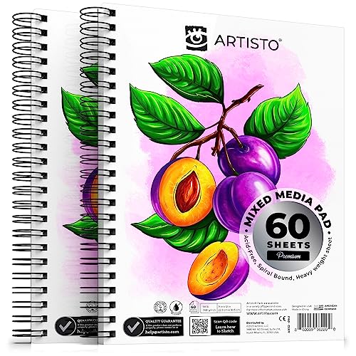 ARTISTO Premium Mixed Media Sketchbooks: Pack of 2 (120 Sheets), 9x12 inches, 160 GSM, Spiral Bound Sketch Pads, Suitable for a Variety of Wet and Dry Media, Ideal for All Artists