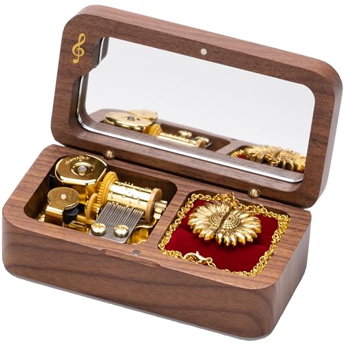 BELLA GLOBE You are My Sunshine Music Box with You are My Sunshine Sunflower Necklace Gift for Women Mom Grandma Daughter Sunflower Pendant Necklace in Wind Up Wood Jewelry Music Box