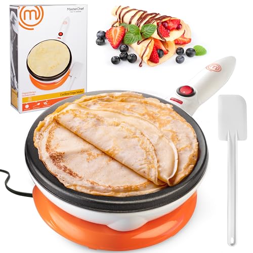 MasterChef Cordless Crepe Maker with Non-stick Dipping Plate plus Electric Base and Spatula, Recipe Guide Included, Compact Baker Machine for Thin Homemade Crepes, Dessert Treats, Housewarming Gift