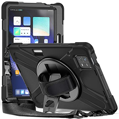 FONREST Rugged Case for Xiaomi-Pad-6 / MiPad-6-Pro 11 inch 2023 w/Stylus Holder & Kickstand, Portable Heavy Duty Hybrid Shock-Proof Cover with 360° Rotatable Handle, Shoulder Strap (Black)