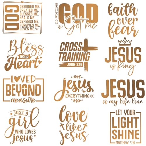 12-Pack Inspirational Christian Phrase Iron-On Transfers, Black/Golden Jesus Vinyl Decals for DIY Clothing and Fabric, Washable God Heat Transfer Patches for Shirts, Bags (Golden)