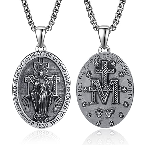 ADMETUS Miraculous Medal 925 Sterling Silver Virgin Mary Necklace for Women Virgen de Guadalupe Necklace Oval Our Lady of Guadalupe Pendant Protection Jewelry Religious Gifts for Men