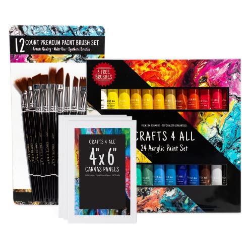 Acrylic Paint Set for Adults and Kids - 24 Pack of 12mL Paints with 12 Art Brushes & 4 Canvases, Non-Toxic Craft Paint for Easter Eggs, Ceramic Rock Paint - Art Supplies