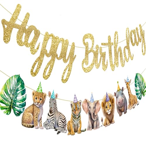 Wild Animal Birthday Party Banner Safari Jungle Animals Cutout Banners 2Pcs Wild One Birthday Party Decorations Jungle Theme Party Banners for Wild Theme Baby Shower Supplies