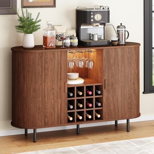 ONBRILL 55" Wine Bar Cabinet with LED Light,Modern Liquor Whiskey Coffee Station with Wine Rack and Glass Holder, Farmhouse Buffet Sideboard with Storage for Living Room, Kitchen, Entryway (Walnut)