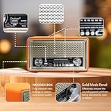 Oncheer Retro Vintage FM Radio, Leather Speaker Radios with Bluetooth TWS Pairing, Battery Powered, Home Room Bookshelf Classical Decor Support TF Card/USB Player/AUX in