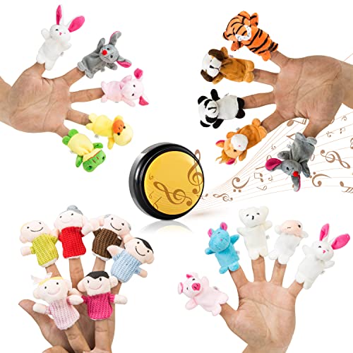 20 Finger Puppets and Finger Family Song Button, 6 Family Member and 14 Animal Finger Puppets Plush Toys Set - Great for Storytelling, Role-Playing, Teaching, Easter Eggs and Fun