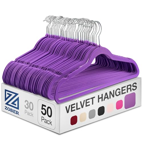 Zober Velvet Hangers 50 Pack - Heavy Duty Hangers for Coats, Pants & Dress Clothes - Non Slip Clothes Hanger Set - Space Saving Felt Hanger for Clothing (Purple)