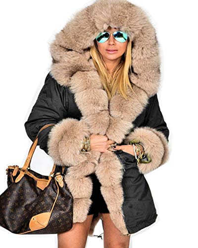 Roiii Women Thicken Warm Winter Coat Hood Down Parka Fleece Fur Outdoor Overcoat Long Jacket Outwear