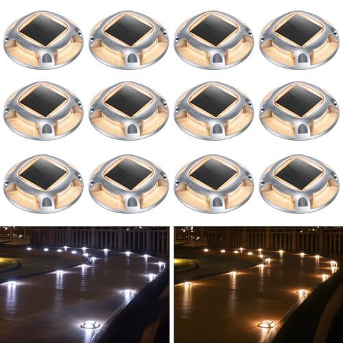 AGPTEK Solar Driveway Lights Outdoor 12 Pack, 2 Color Modes LED Deck Dock Marine Waterproof Driveway Marker Lights for Step Sidewalk Stair Garden Pathway Walkway Yard (Warm White/Cool White)