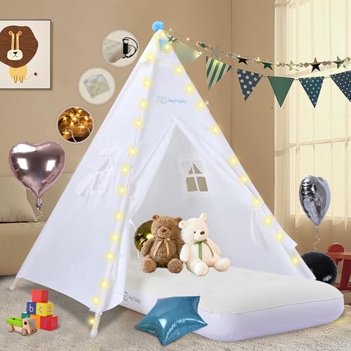 Heypappy Teepee Tent for Kids with Inflatable Airbed, String Light, Balloons, Pump Supplies, Washable Kids Play Tent Indoor Outdoor for Girls Boys, Children Tipi Playhouse for Reading and Playtime