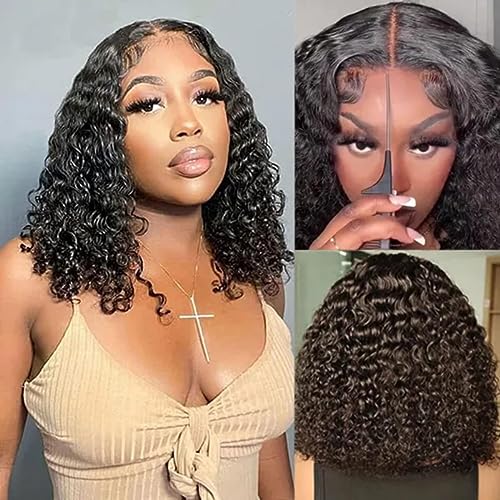 ISEE Wear and Go Glueless Wigs Bob Wigs Pre Plucked Water Wave Lace Front Wigs Upgraded No Glue Transparent Lace Closure Wigs for Black Women Natural Black 16 Inch