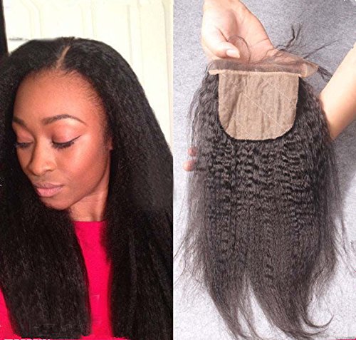 Remeehi Kinky Straight Silk Base Top Closure Bleached Knots Free/Middle/3 Part 4"X4" Brazilian Virgin Human Hair Closure Natural Color (3 Part 18 inch)