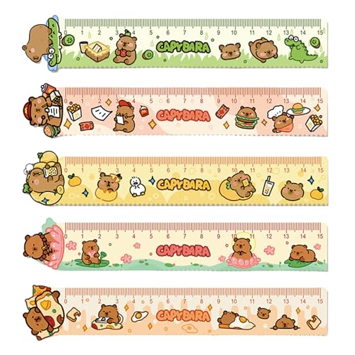 5 Pcs Cute Cartoon Rulers - 15cm Straight, Wavy, Acrylic, Lovey Capybara, Small Centimeter Measuring for Journal - Women Girls Boys Kids (Capybara)
