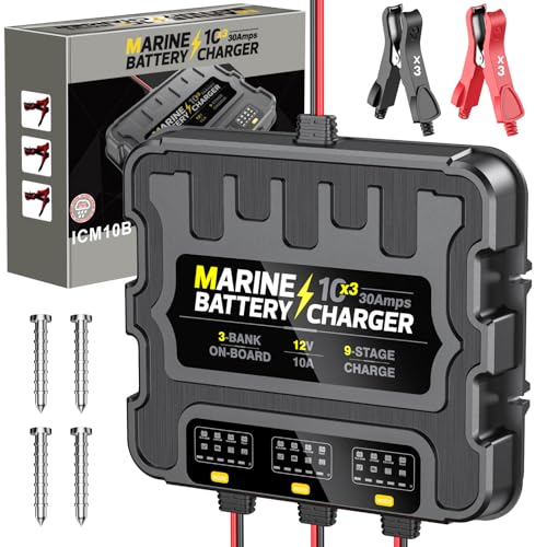 Smart 3 Bank Marine Battery Charger 10X3, 30A (10A/Bank) 12V,Waterproof,lifepo4 Lithium Boat Battery Charger Maintainer and Desulfator for AGM, Lithium,Deep-Cycle Batteries Boat Accessories