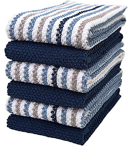 Premium Kitchen Towels (16”x 26”, 6 Pack) | Large Cotton Kitchen Hand Towels | Popcorn Striped Design | Dish Towels | 430 GSM Highly Absorbent Tea Towels Set with Hanging Loop | Blue