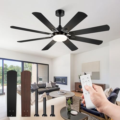 Fanbulous 62 Inch Ceiling Fans with Lights, Black Modern Ceiling Fan with Remote,Large Farmhouse Indoor & Outdoor Ceiling Fan with 8 Dual Finish Blades, Quiet DC Motor, Bright LED Light