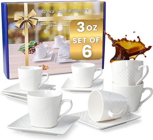 FUOCCI Espresso Cups With Saucer 3oz/90ml, Turkish Coffee Cup Set, White Espresso Cups Set of 6 Italian Style, Demitasse Espresso Cup Set, Modern Espresso Coffee Cups, Tasas de Cafe Expreso Modernas