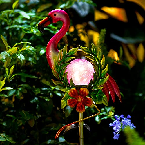 Solar Garden Light for Garden Decoration, 40.9 Inch Flamingo Solar Stake with Cracked Glass Puck Light for Outside Patio Pathway Yard Decoration(Flamingo)