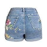 Women's Vintage Floral Embroidery High Waist Roll Up Denim Shorts Light Blue 6