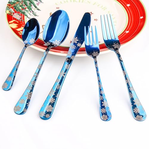 20 Pieces Christmas Stainless Steel Flatware Set for 4 People Knives Forks Spoons Set, Christmas Snowflakes Pattern Design in Blue Flatware, Mirror Polish and Dishwasher Safe, (20, BlueSnowflakes)