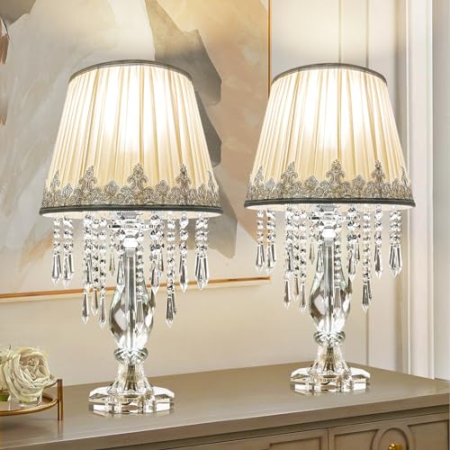 Siljoy Crystal Table Lamp Set of 2, Dimmable Bedside Lamp with Fabric Shades, Farmhouse Nightstand Lamps with K9 Crystal Strands for Living Room Bedroom 22.8 High