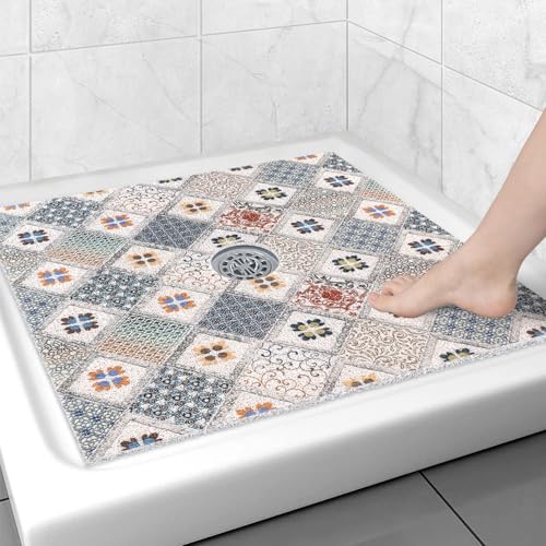 Square Shower Mat Non Slip: 31x31 Inch Extra Large Shower Floor Mat with Drain Hole in Middle - Soft PVC Loofah Bath Mat for Shower - Anti Slip Shower Stall Mat for Elderly and Kids