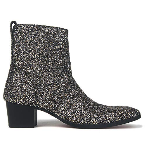 OSSTONE Dress Boot For Men Leather Glitter Chukka Designer Boots Casual Heel Shoes Zipper-up JY009-Silver Black-10