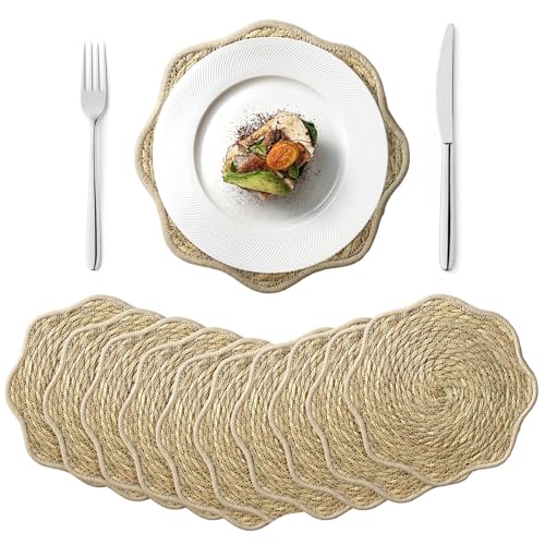 12 inch Round Woven Placemats Set of 10 Scalloped Placemats Boho Rattan Place mats Natural Water Hyacinth Flower Shaped Farmhouse Weave Mats Rustic Braided Wicker Mats for Dining Table Home Wedding