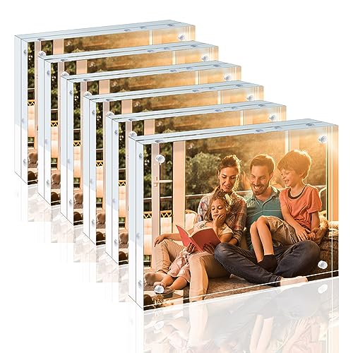 Egofine 5x7 Acrylic Frames 6 Pack, 20mm Thicker Frameless Clear Picture Frames, Double Sided Magnetic Picture Frames, Free Standing Desktop Display