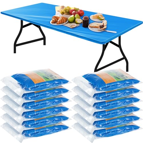 Boao 12 Pcs Plastic Table Cloths Disposable for Parties Picnic Table Covers with Elastic Fitted Elastic Desk Cover Rectangle Waterproof for Indoor, Outdoor, Picnic, Camping(6 Ft, 72 x 30 Inch,Blue)