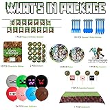 Birthday Party Supplies,130pcs Pixel Theme Style Party Decorations include Big/Small Plates,TableCover,Banner,Knives,Spoons,Forks, Cake and Cupcake Toppers,Chocolate Stickers and Latex Balloons