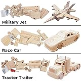 Kraftic Woodworking Building Kit for Kids and Adults, 3 Educational DIY Carpentry Construction Wood Model Kit Toy Projects for Boys and Girls - Build a Wooden Military Jet Race Car and Tractor Trailer