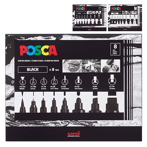 Uni Posca 8-Tip Acrylic Paint Marker Set, Black, Non-Toxic, ACMI Certified, Allows You to Color on Any Surface, Ideal for Graffiti, Fine Art, DIY Projects, and More