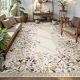 Lahome Boho Floral Beige Washable 8x10 Area Rugs for Living Room, Non Slip Rugs for Bedroom, Indoor Throw Dining Room Carpet for Under Table Home Office Playroom(Beige,8x10)
