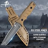 Purple Dragon Khaki Survival Knife with Kydex Sheath, Full Tang Fixed Blade Hunting Knife Made from a Single Piece of D2 Steel, Field Knife for Bushcraft Camping and Hunting, Gifts for Men