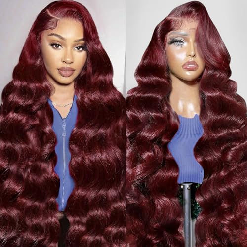 30 Inch 99j Burgundy 13x6 Body Wave Lace Front Wigs Human Hair 200% Density Glueless HD Transparent Lace Frontal Wigs Human Hair Pre Plucked With Baby Hair Burgundy Wine Red Human Hair Wigs For Women