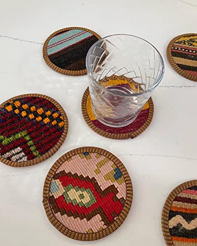 Kilim Fabric Coaster Set, Cloth Coaster Set, Coasters, Fabric Coaster Set, Authentic Turkish Kilim, Unique Fabric, Handmade, Woven Coasters, Each Set Unique/No Set Same, Sustainable Coasters (4)
