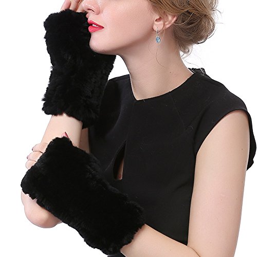 Valpeak Womens Rabbit Fur Winter Mittens Knitted Fingerless Gloves(Black)