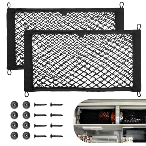 RED WOLF 2 Pcs Small Cargo Net Pocket Elastic Mesh Netting Car Mesh Pouch for Trunk RV Boats Home Cargo Storage with Screws and Hooks (17.7'' x 9.8'')