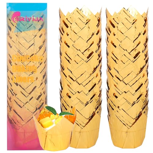 SRIVIJA Gold Tulip Cupcake Liners 100 Pcs Baking Paper Cups Holders Greaseproof Muffin Cases Wrappers for Wedding Birthday Party Baby Shower(Gold)