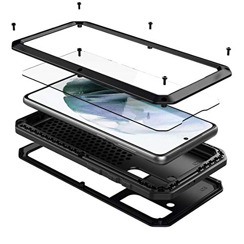 Marrkey for Galaxy S21 Case,Full Body Protective Cover Heavy Duty Shockproof Tough Armour Aluminum Alloy Metal Case with Silicone Built-in Screen Protector for Samsung Galaxy S21 5g 6.2" - Black