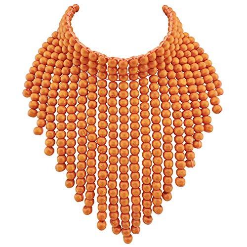 Coiris Boho African Wooden Beaded Bib Statement Necklace Strands Layered Cluster Chunky Collar Choker Wood Necklace for Women Fashion Costume Jewelry (N0065-Orange)